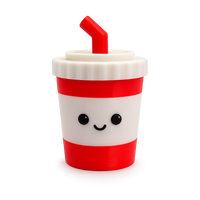 Lil Sodie: a small red and white striped soda cup clicker with a bendy straw and a smiley face