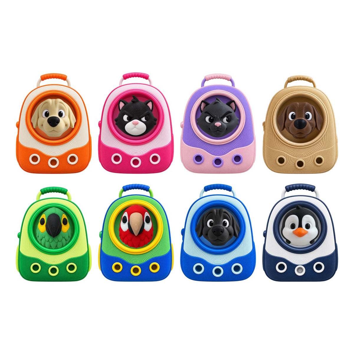 All eight Backpack Buddies colorways, each with a different buddy in the bubble window