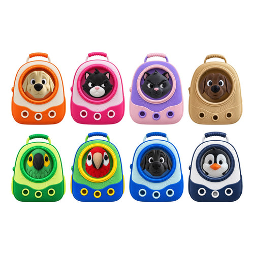 All eight Backpack Buddies colorways, each with a different buddy in the bubble window