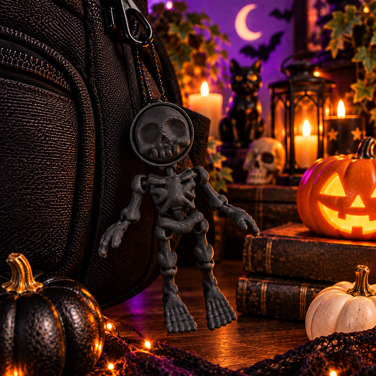 Matte Black flexi skeleton clicker clipped to a backpack among candles, jack-o-lanterns and a lantern