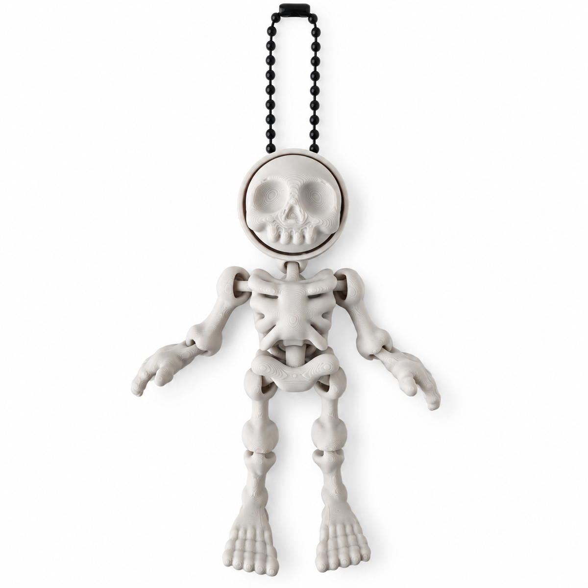 Bone White articulated flexi skeleton clicker on a black ball chain, shown against a white background
