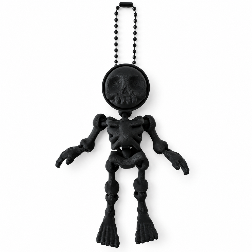 Matte Black articulated flexi skeleton clicker on a black ball chain, shown against a white background