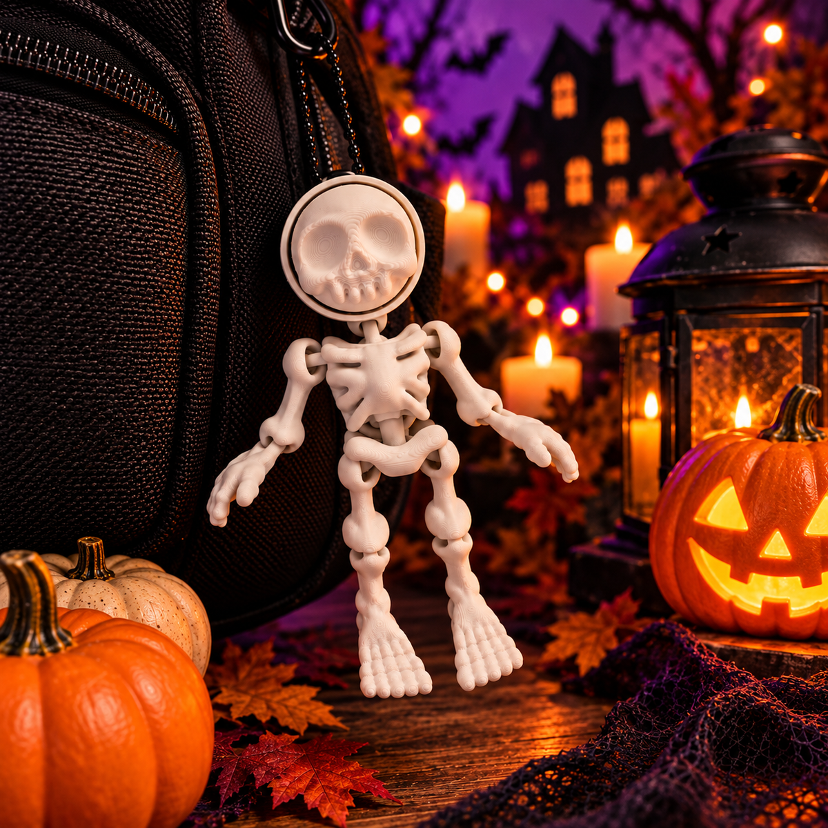 Bone White flexi skeleton clicker clipped to a backpack among candles, autumn leaves and a jack-o-lantern