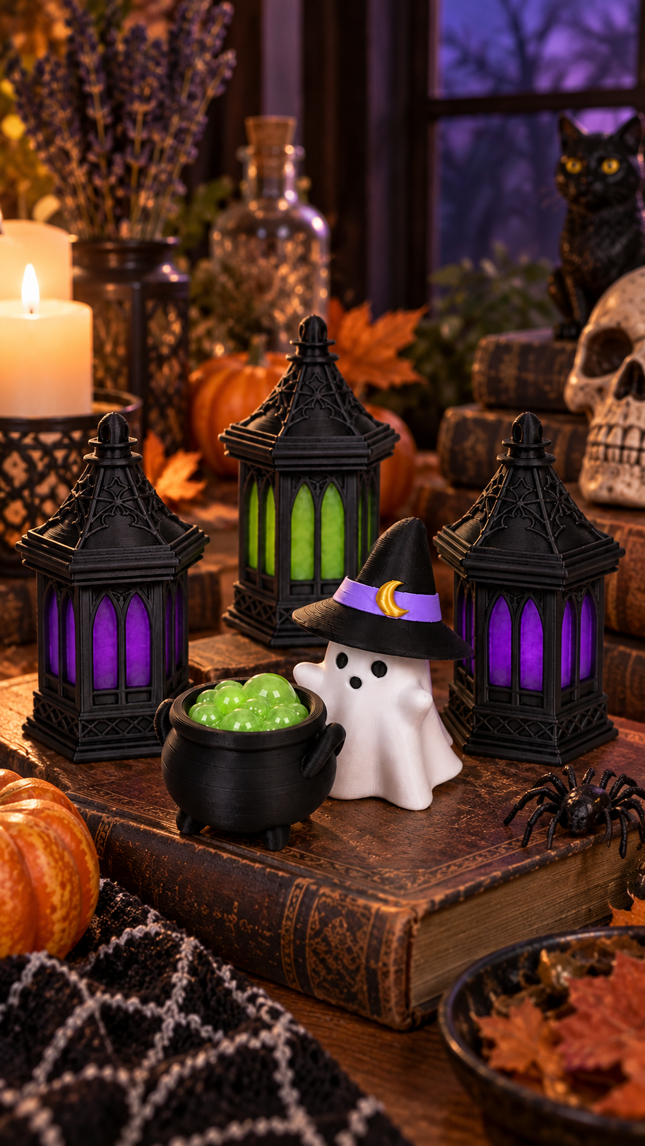 Ghost Witch and Bubbling Cauldron on a candlelit Halloween table with gothic lanterns and pumpkins