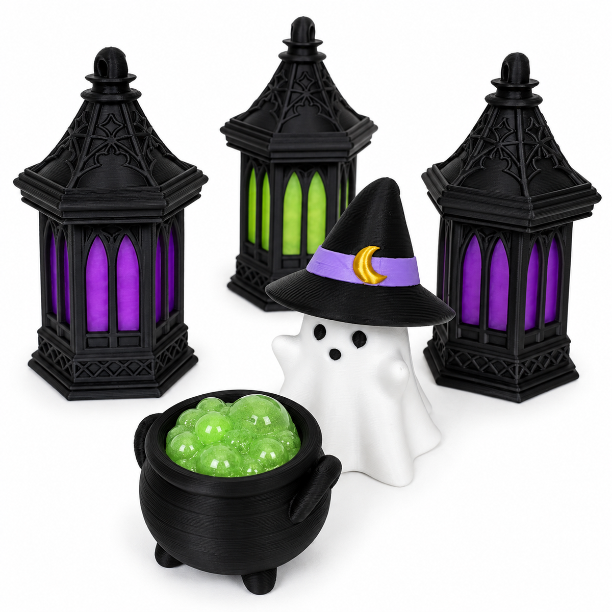 Ghost Witch and Bubbling Cauldron clickers with three Gothic Lantern clickers in purple and green