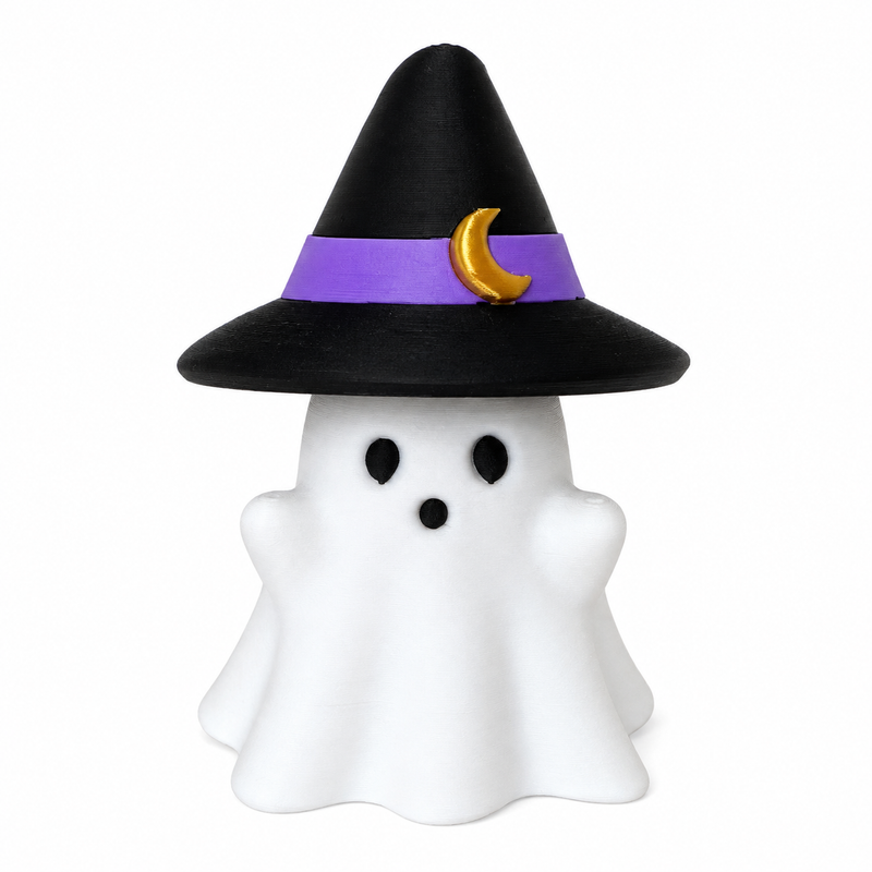 Ghost Witch fidget clicker: a white ghost in a black witch hat with a purple band and gold moon