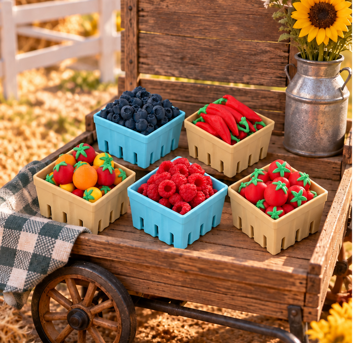 All five Harvest Baskets arranged on a rustic farm cart with sunflowers