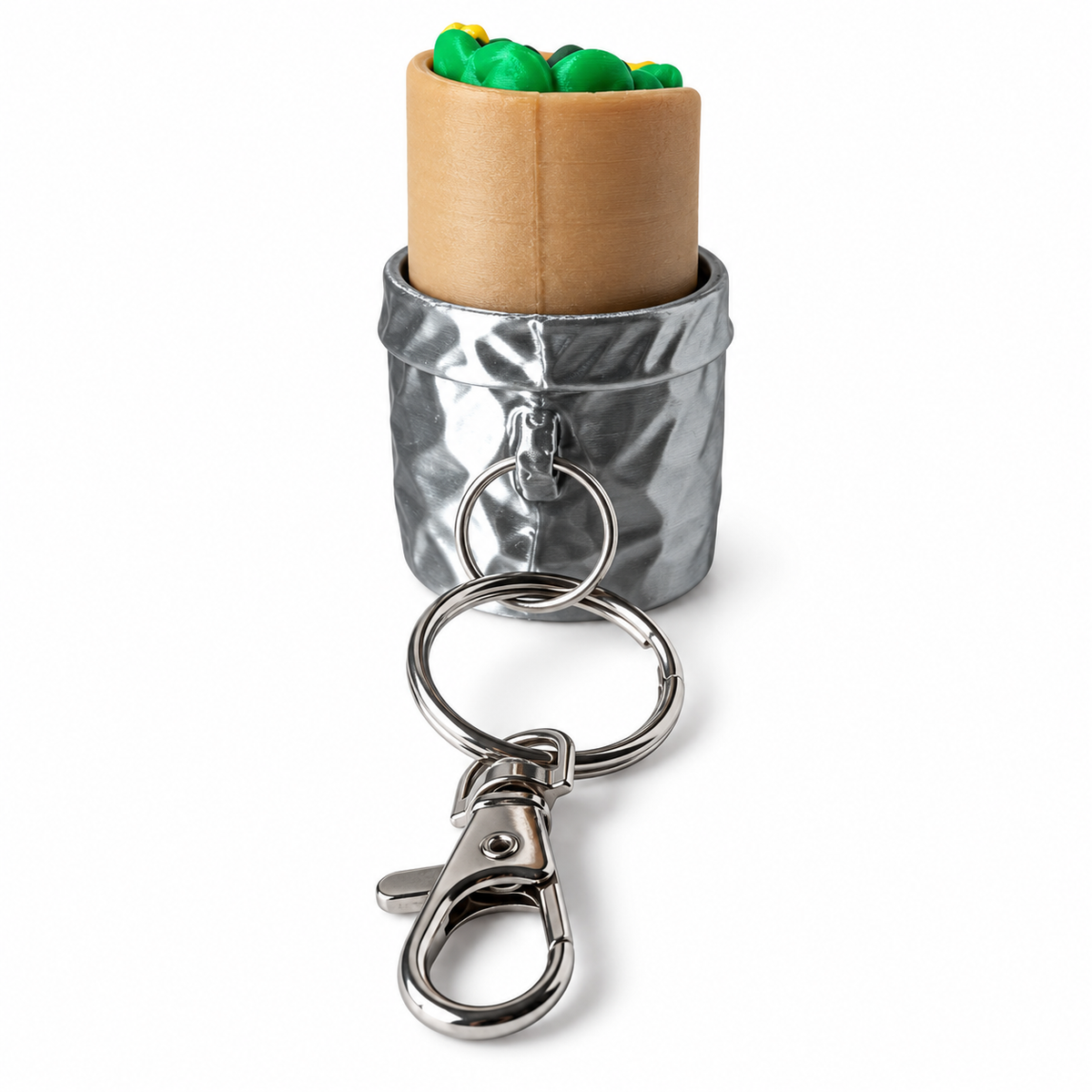 Back of the Lil Burrito Clicker showing the included silver split ring and lobster clasp keychain