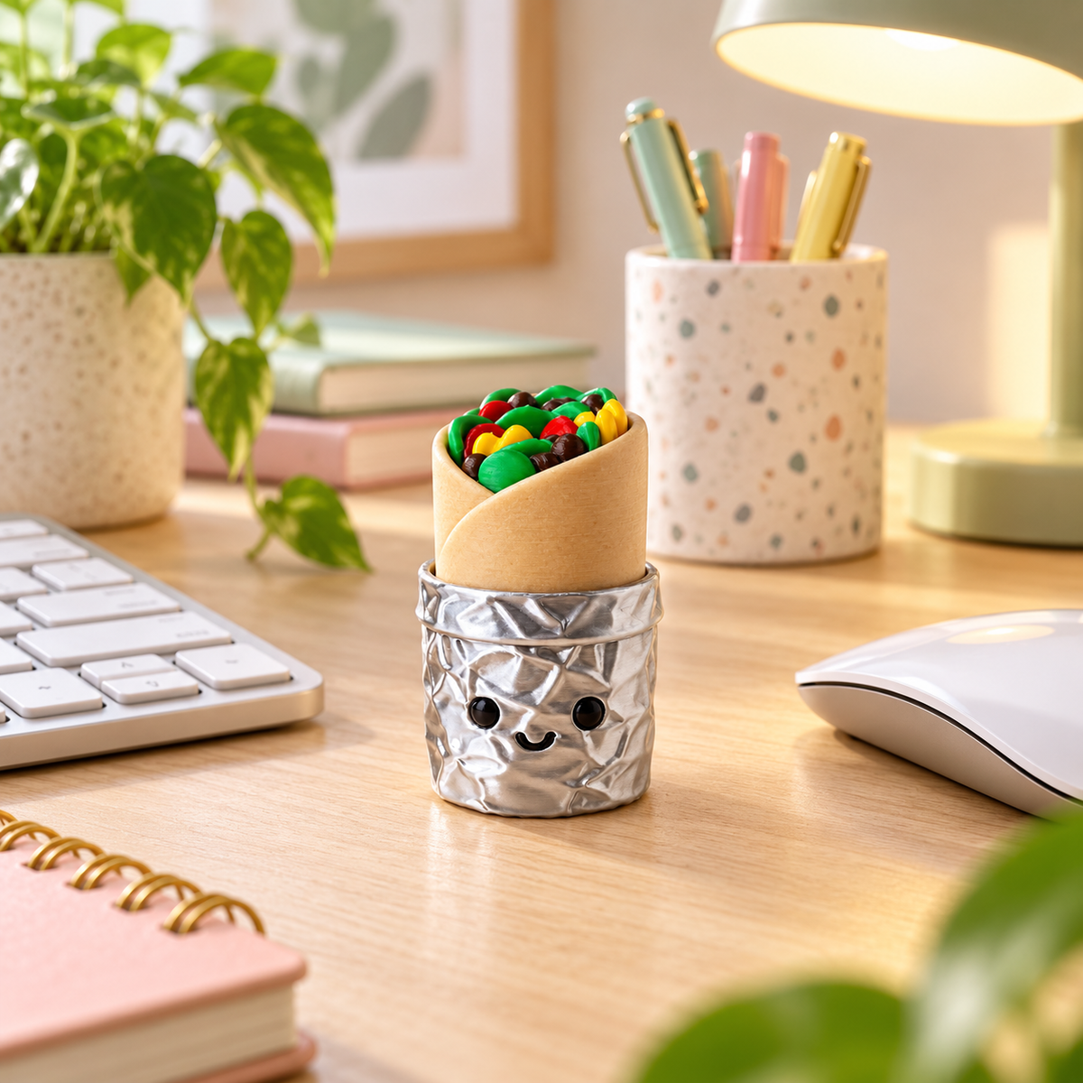 Lil Burrito Clicker on a desk beside a keyboard, mouse and pen cup