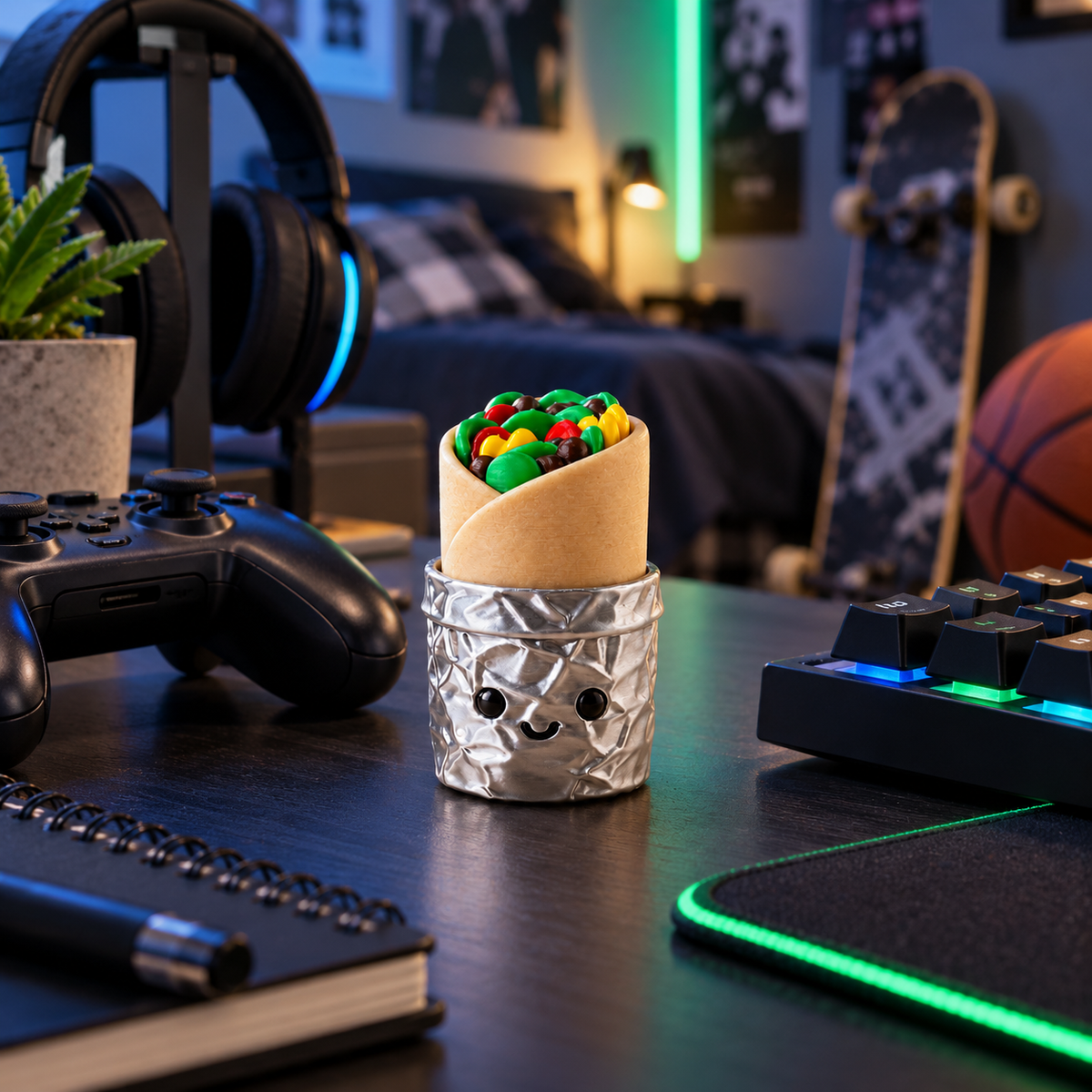 Lil Burrito Clicker styled on a desk