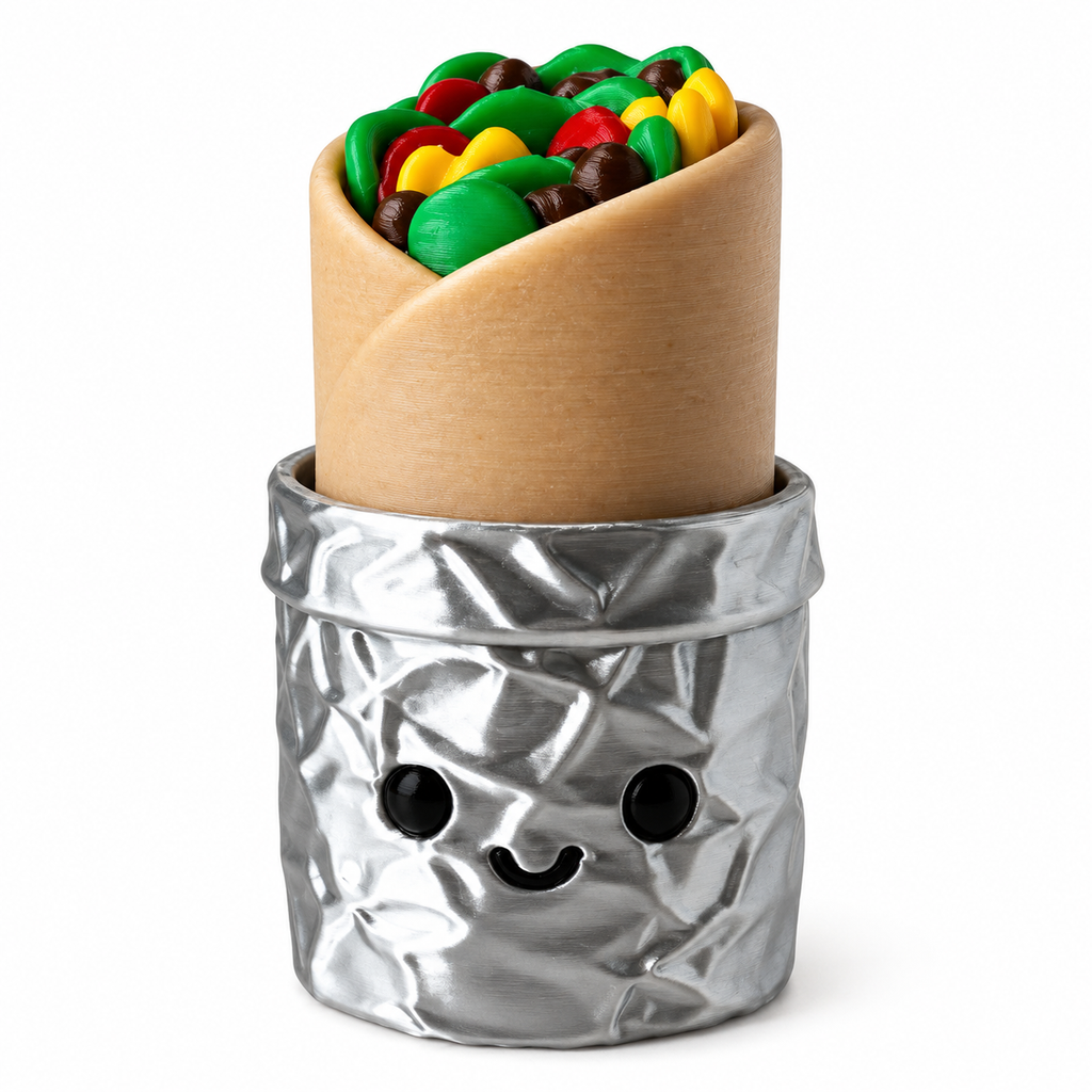 Lil Burrito Clicker: a smiling burrito in a crinkled silver foil sleeve with a tortilla wrap and colorful filling on top