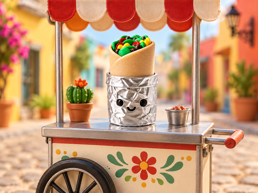 Lil Burrito Clicker on a miniature street taco cart with a cactus and a cup of salsa