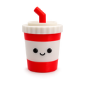 Lil Sodie: a small red and white striped soda cup clicker with a bendy straw and a smiley face