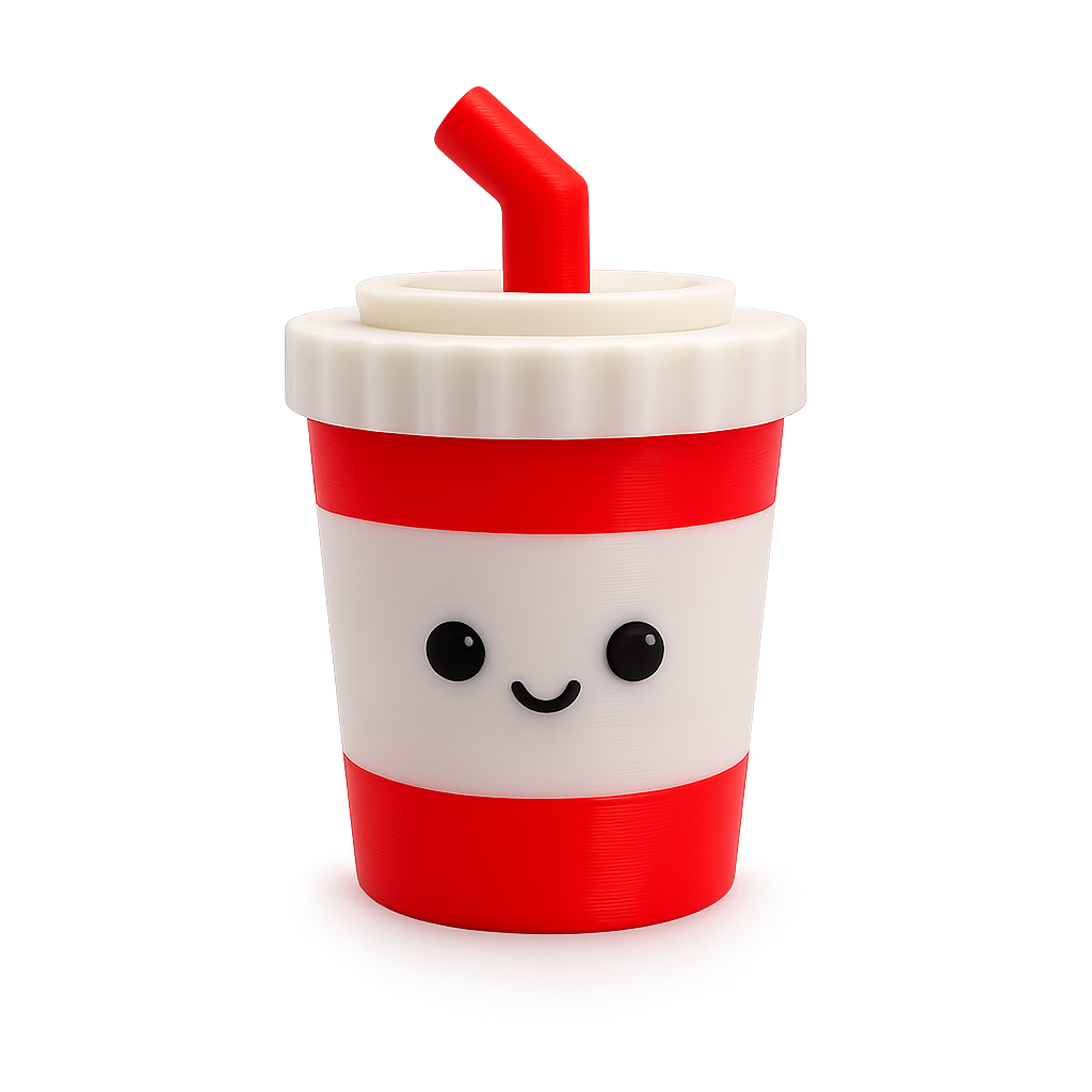 Lil Sodie: a small red and white striped soda cup clicker with a bendy straw and a smiley face