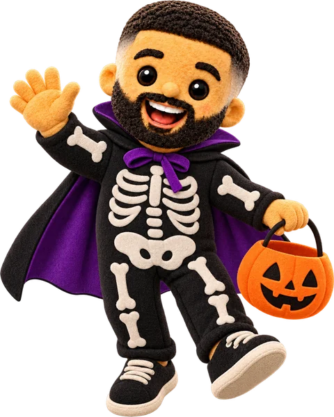 James in a skeleton costume with a pumpkin pail